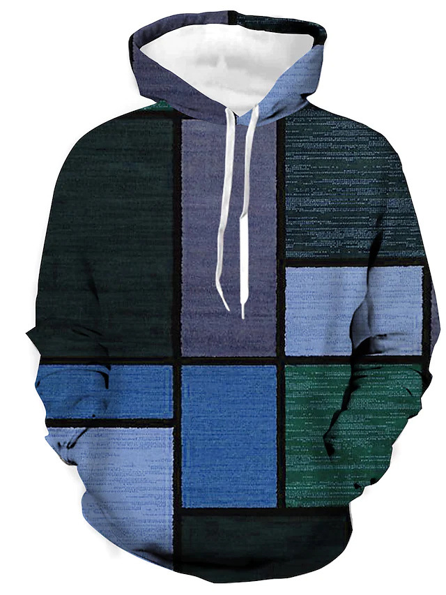 Men's 3D Checkered Hoodie - Streetwear Graphic Print - Blue