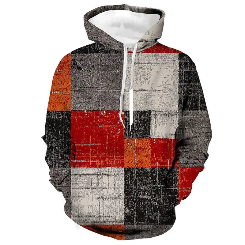 Men's 3D Checkered Hoodie - Streetwear Graphic Print - Grey