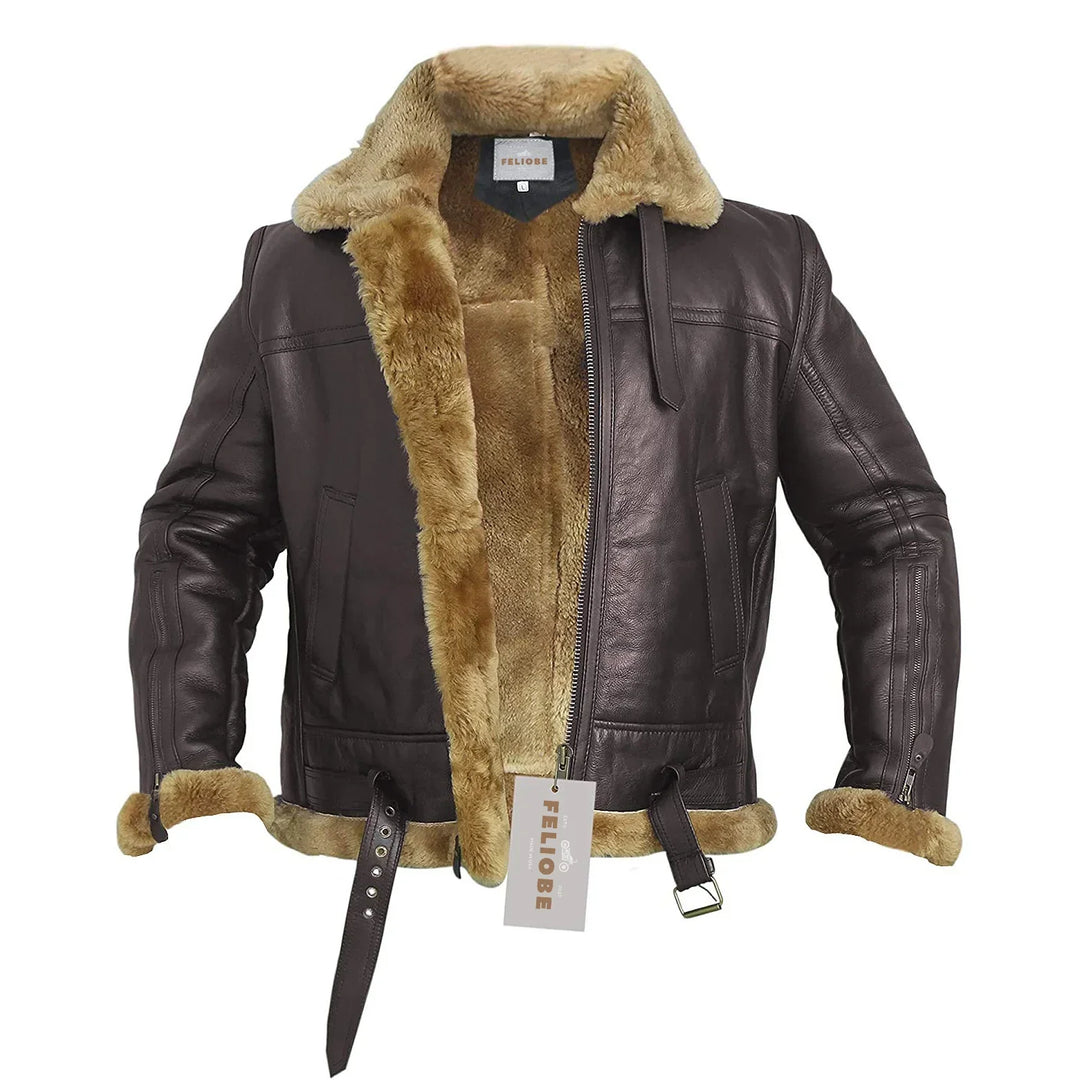 Men's Bomber Jacket Faux Leather - Quilted Lining & Zip Closure - Brown