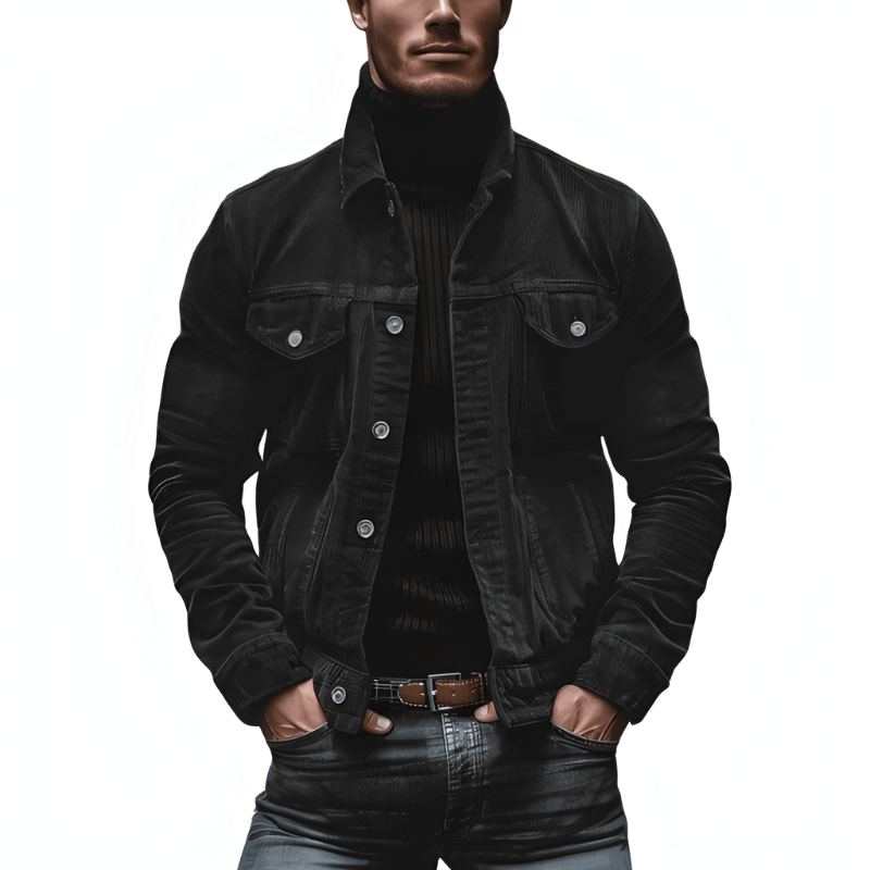 Men's Button-Front Jacket - Slim Fit with Chest Pockets - Black