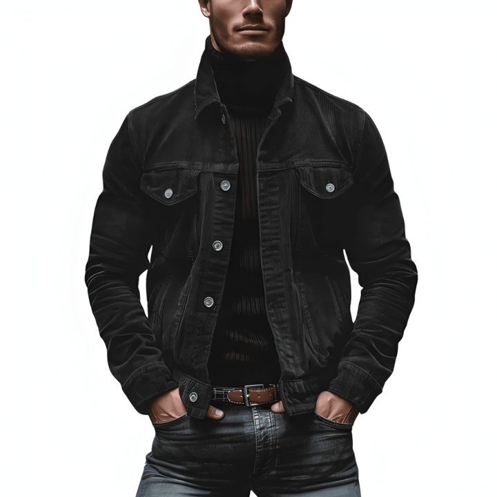 Men's Button-Front Jacket - Slim Fit with Chest Pockets - Black