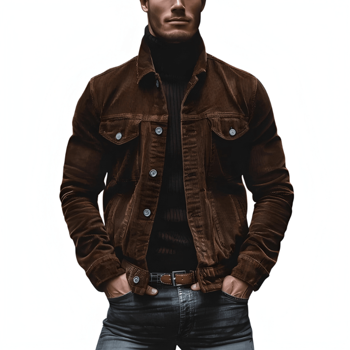 Men's Button-Front Jacket - Slim Fit with Chest Pockets - Brown