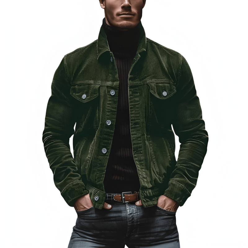Men's Button-Front Jacket - Slim Fit with Chest Pockets - Green
