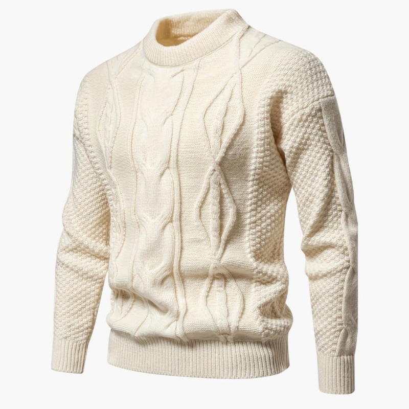 Men's Cable Knit Crew Neck Sweater - Classic Pullover - Beige