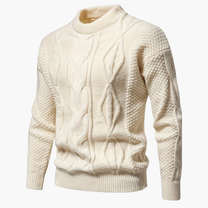 Men's Cable Knit Crew Neck Sweater - Classic Pullover - Beige