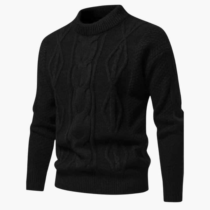 Men's Cable Knit Crew Neck Sweater - Classic Pullover - Black