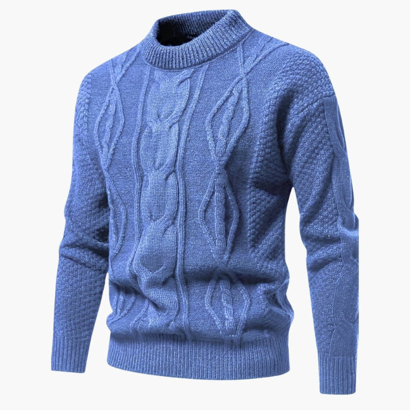 Men's Cable Knit Crew Neck Sweater - Classic Pullover - Blue