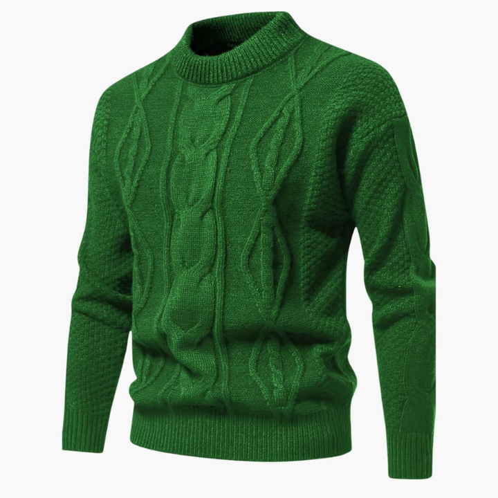 Men's Cable Knit Crew Neck Sweater - Classic Pullover - Green