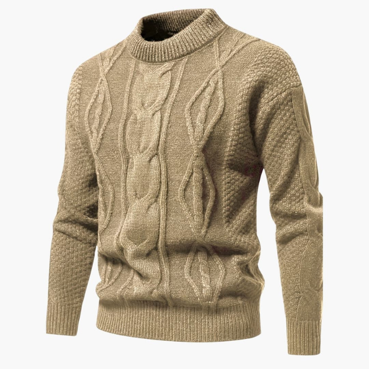 Men's Cable Knit Crew Neck Sweater - Classic Pullover - Khaki