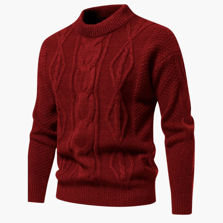 Men's Cable Knit Crew Neck Sweater - Classic Pullover - Red