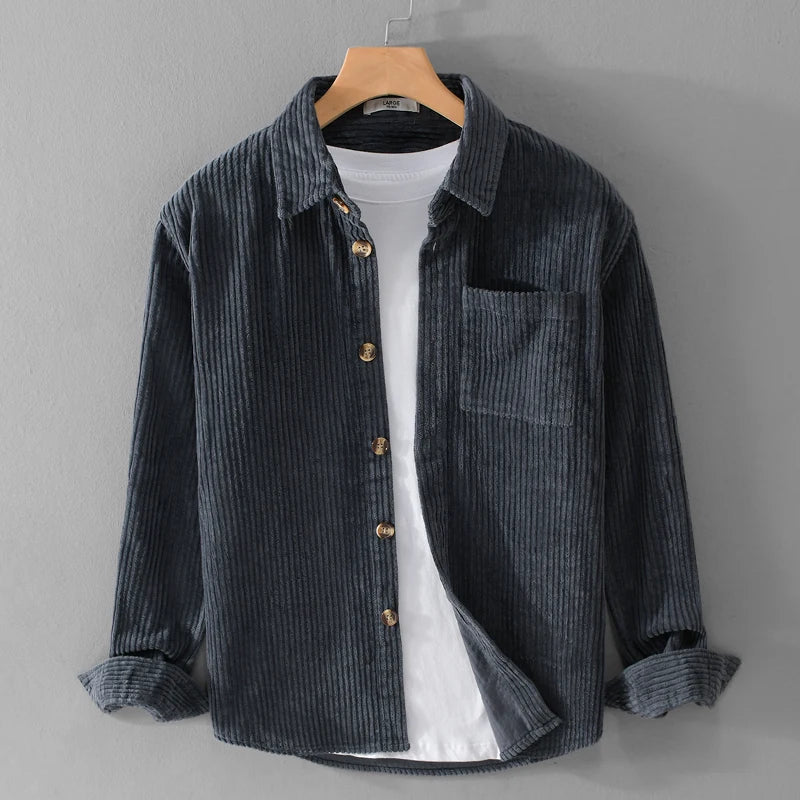 Men's Corduroy Shirt - Retro Long Sleeve - Grey