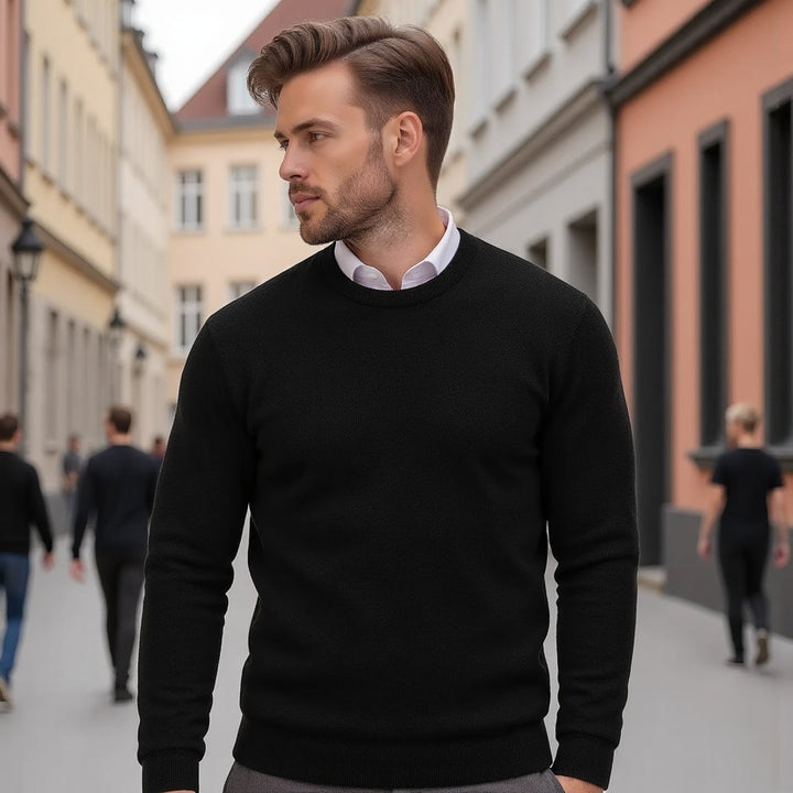 Men's Crew Neck Sweater - Classic Solid Knit - Black