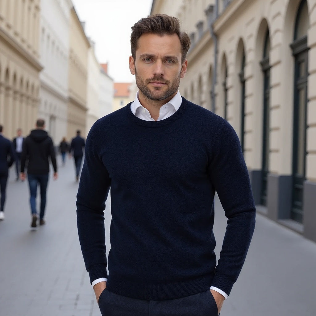 Men's Crew Neck Sweater - Classic Solid Knit - Blue