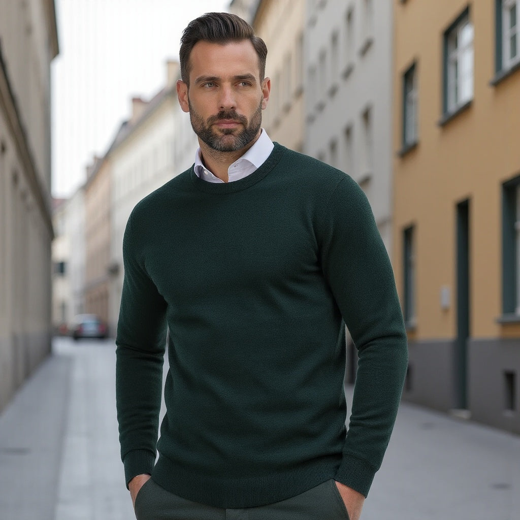 Men's Crew Neck Sweater - Classic Solid Knit - Green