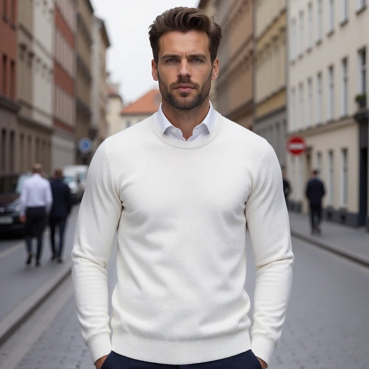 Men's Crew Neck Sweater - Classic Solid Knit - White
