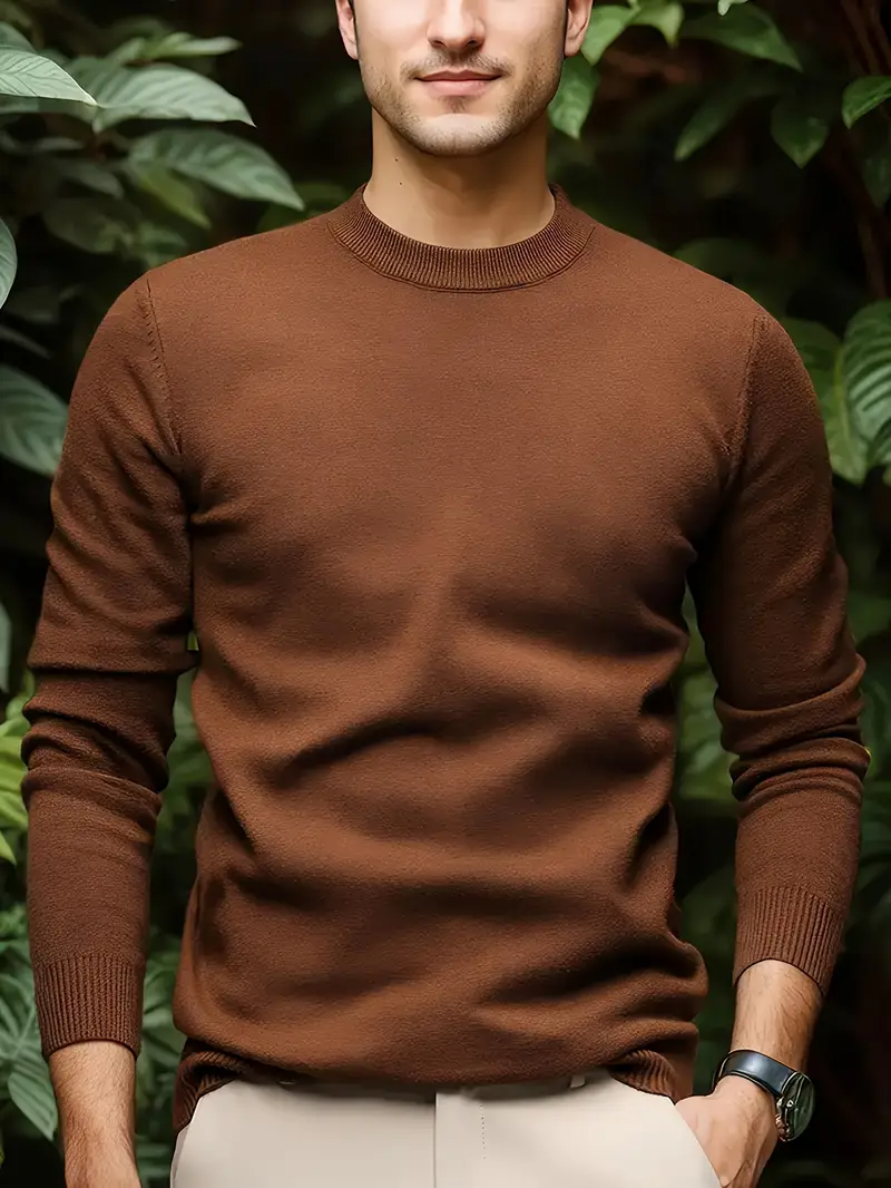 Men's Crew Neck Sweater - Modern Fit Knit - Brown