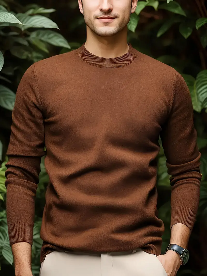 Men's Crew Neck Sweater - Modern Fit Knit - Brown
