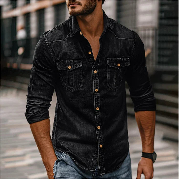 Men's Denim Shirt - Slim Fit Western Style - Black