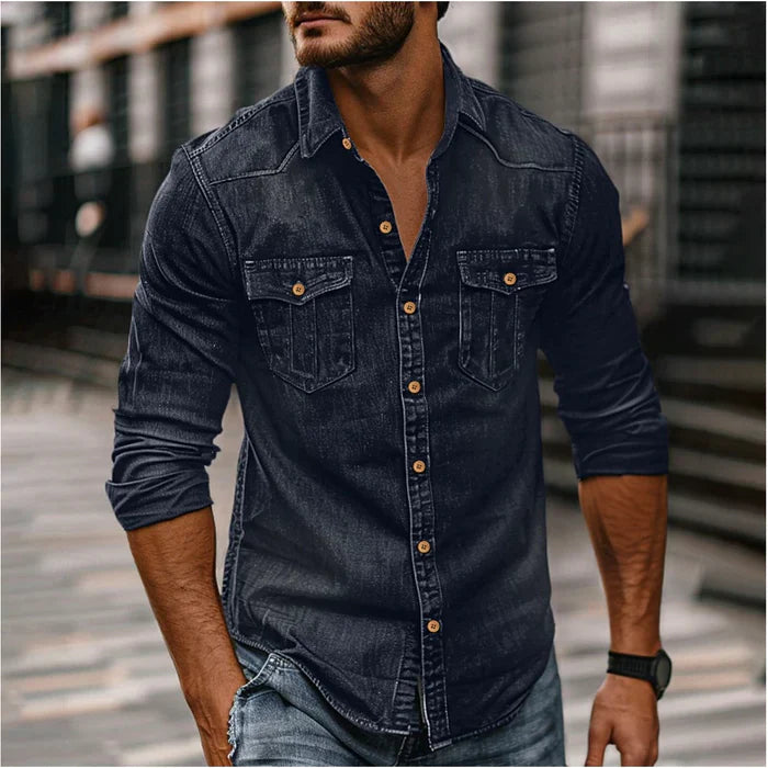 Men's Denim Shirt - Slim Fit Western Style - Dark Blue