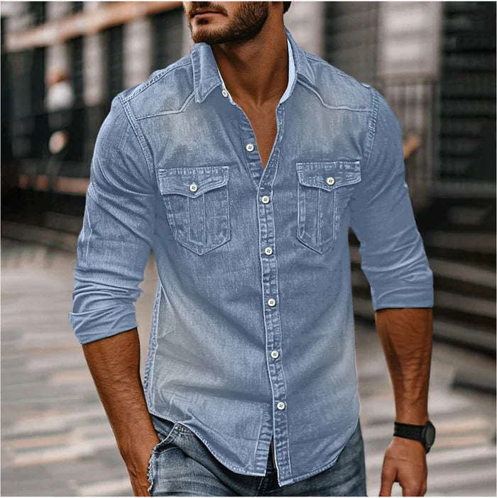 Men's Denim Shirt - Slim Fit Western Style - Light Blue