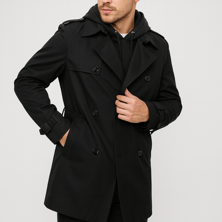Men's Double Breasted Trenchcoat - Classic Fall Jacket - Black