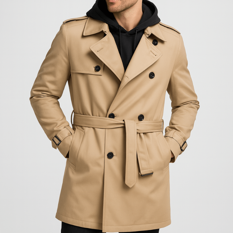 Men's Double Breasted Trenchcoat - Classic Fall Jacket - Khaki