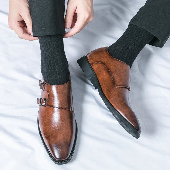 Men's Double Monk Strap Leather Shoes - Classic Business Style - Brown