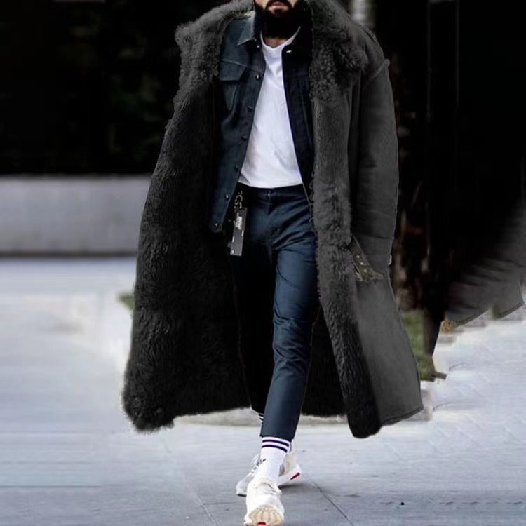 Men's Faux Fur Winter Overcoat - Classic Long Parka - Black