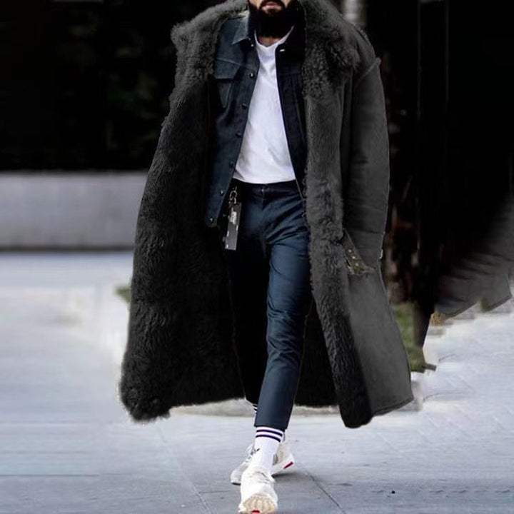 Men's Faux Fur Winter Overcoat - Classic Long Parka - Black