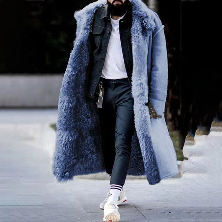 Men's Faux Fur Winter Overcoat - Classic Long Parka - Blue
