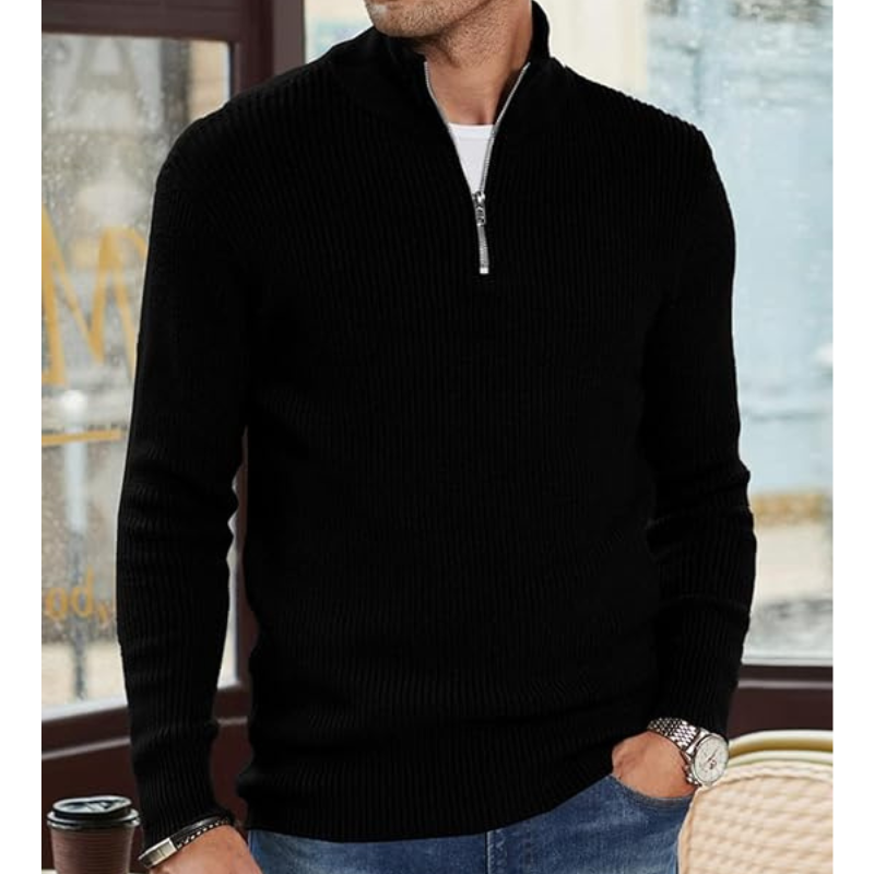 Men's Half-Zip Pullover Sweater - Warm Knit Crewneck - Black