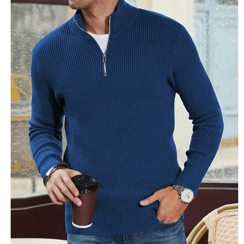 Men's Half-Zip Pullover Sweater - Warm Knit Crewneck - Blue