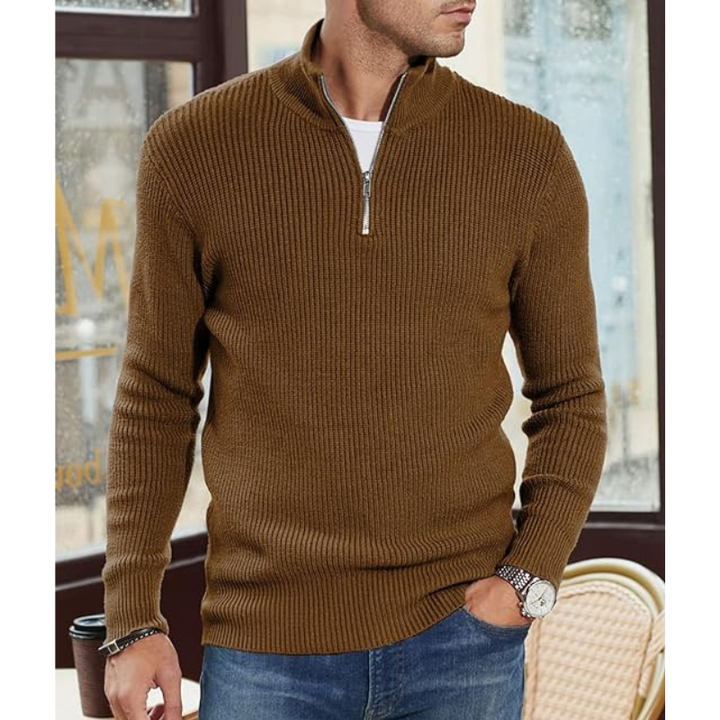 Men's Half-Zip Pullover Sweater - Warm Knit Crewneck - Brown