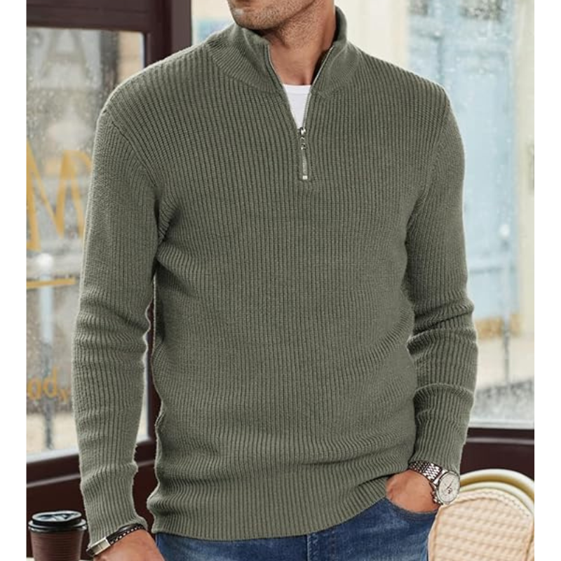 Men's Half-Zip Pullover Sweater - Warm Knit Crewneck - Green
