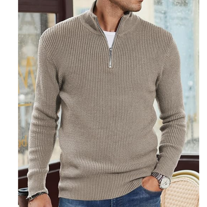 Men's Half-Zip Pullover Sweater - Warm Knit Crewneck - Khaki