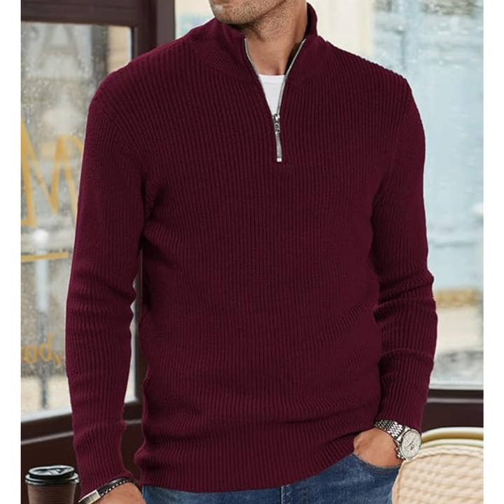 Men's Half-Zip Pullover Sweater - Warm Knit Crewneck - Red