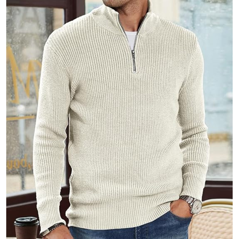 Men's Half-Zip Pullover Sweater - Warm Knit Crewneck - White