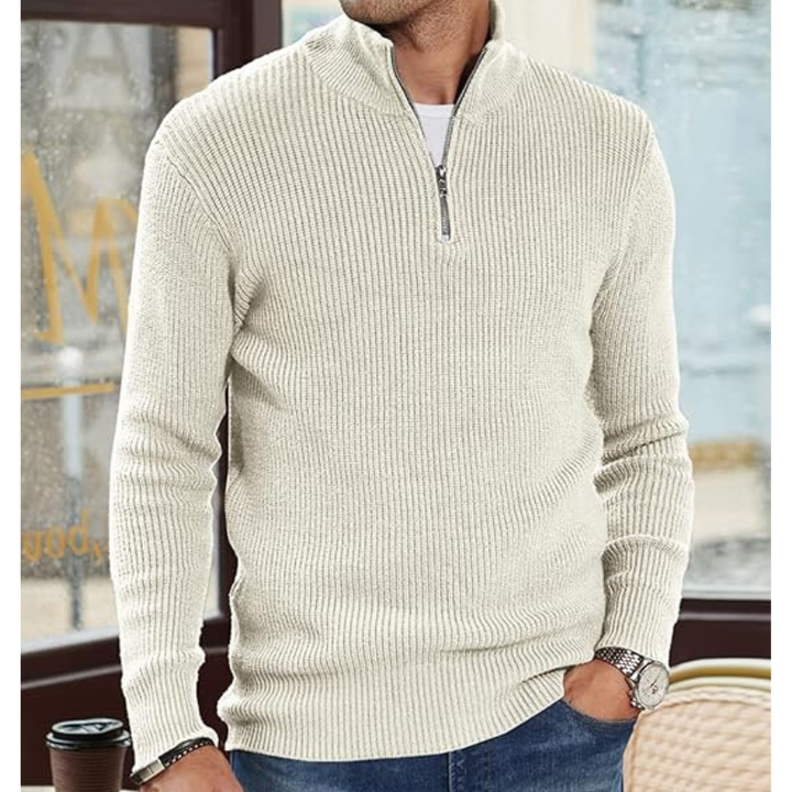 Men's Half-Zip Pullover Sweater - Warm Knit Crewneck - White