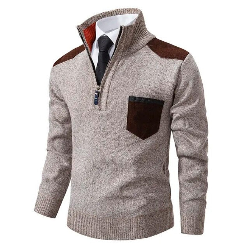 Men's Half Zip Sweater - Fine Knit Crewneck - Beige