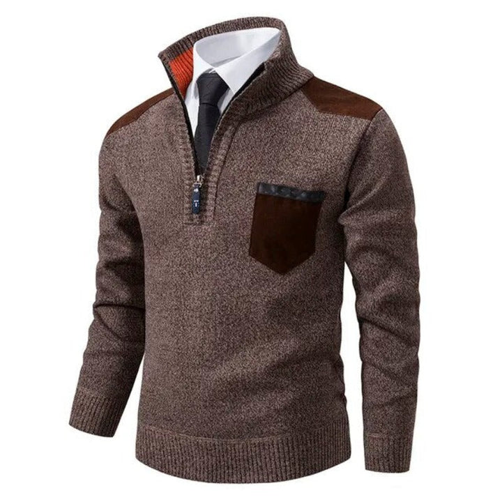 Men's Half Zip Sweater - Fine Knit Crewneck - Brown