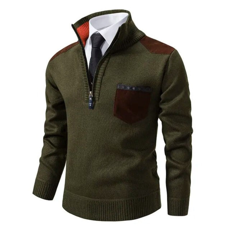 Men's Half Zip Sweater - Fine Knit Crewneck - Green