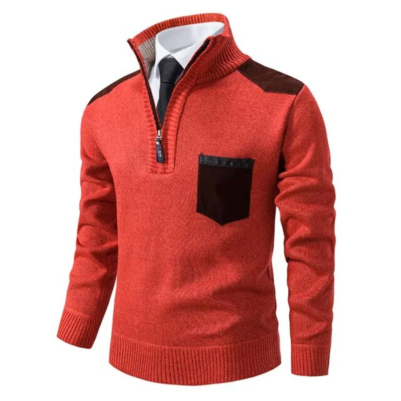 Men's Half Zip Sweater - Fine Knit Crewneck - Orange