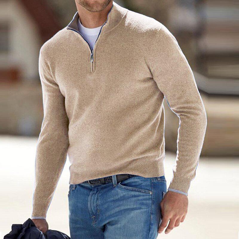 Men's Half-Zip Sweater - Refined Knit Pullover - Beige