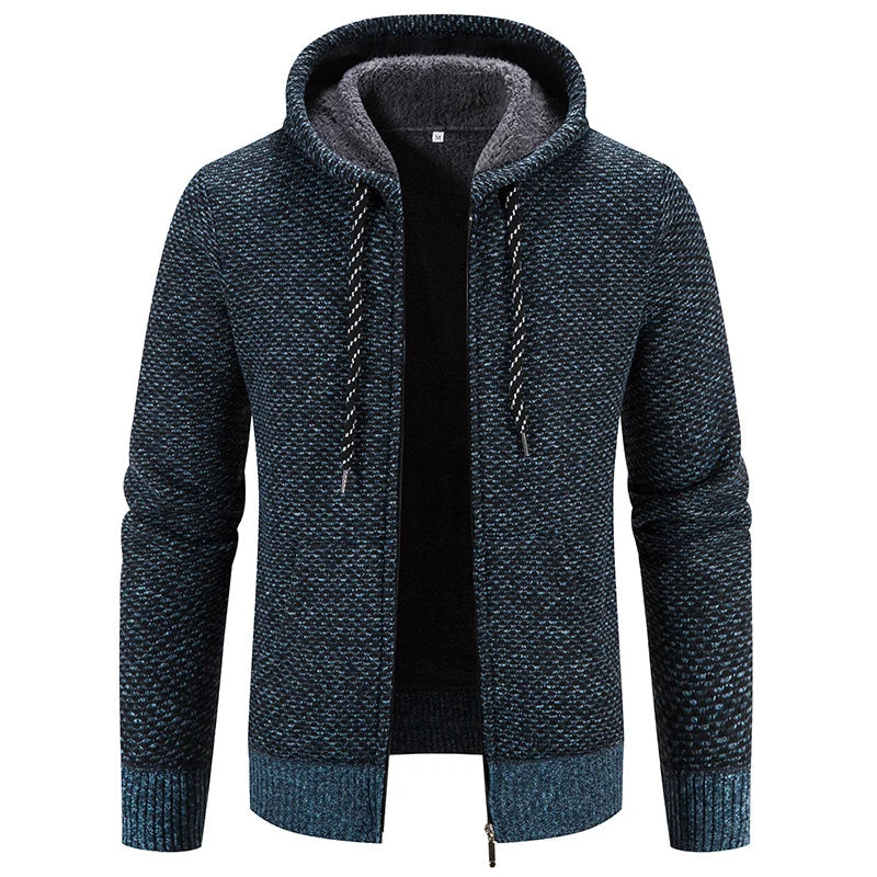 Men's Knit Cardigan Vest with Hood - Warm Layering Jacket - Blue