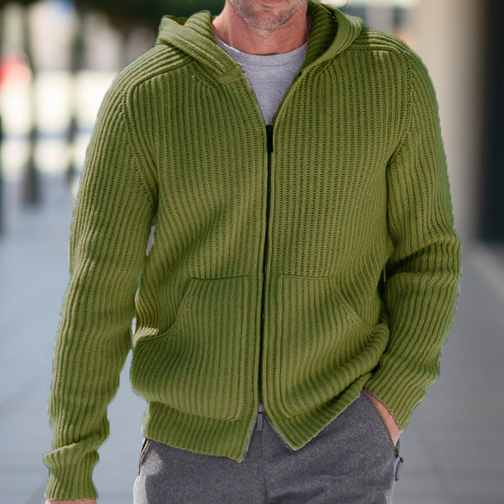 Men's Knit Cardigan with Hood - Casual Comfort Vest - Green