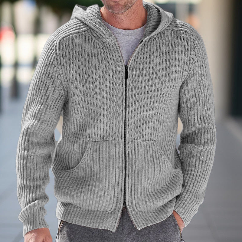 Men's Knit Cardigan with Hood - Casual Comfort Vest - Grey