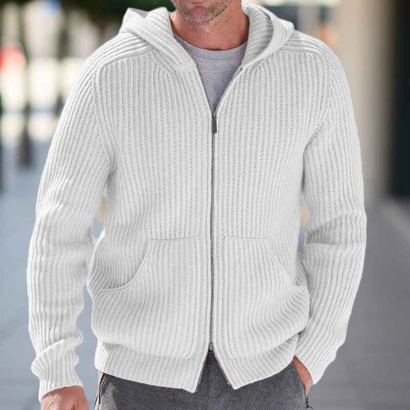 Men's Knit Cardigan with Hood - Casual Comfort Vest - White