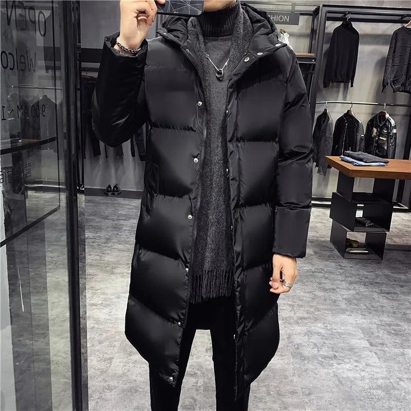 Men's Long Puffer Parka Jacket with Hood - Winter Warmth - Black 2