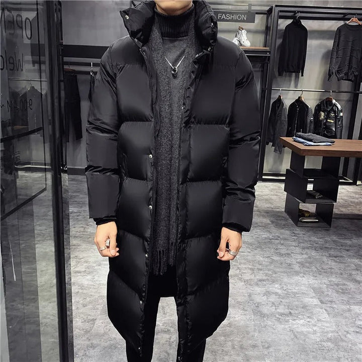 Men's Long Puffer Parka Jacket with Hood - Winter Warmth - Black