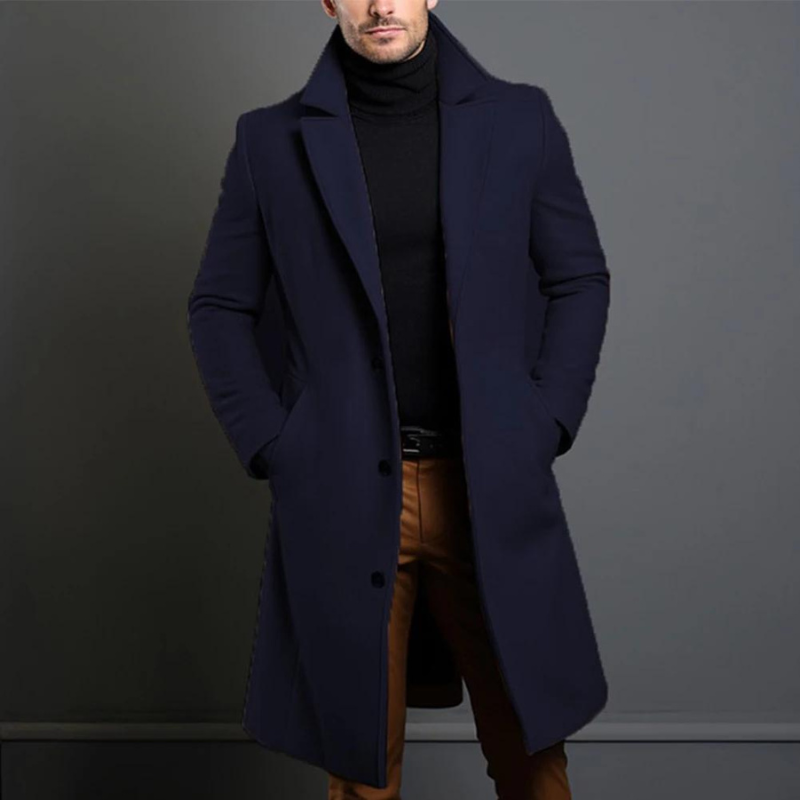 Men's Long Winter Coat - Tailored Slim Fit - Blue